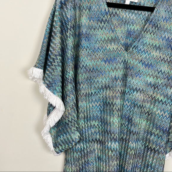 ALEXIS PONCHO COVER UP IN BLUE AND GREEN WITH WHITE FRINGE TRIM SIZE XS/S - Picture 12 of 13